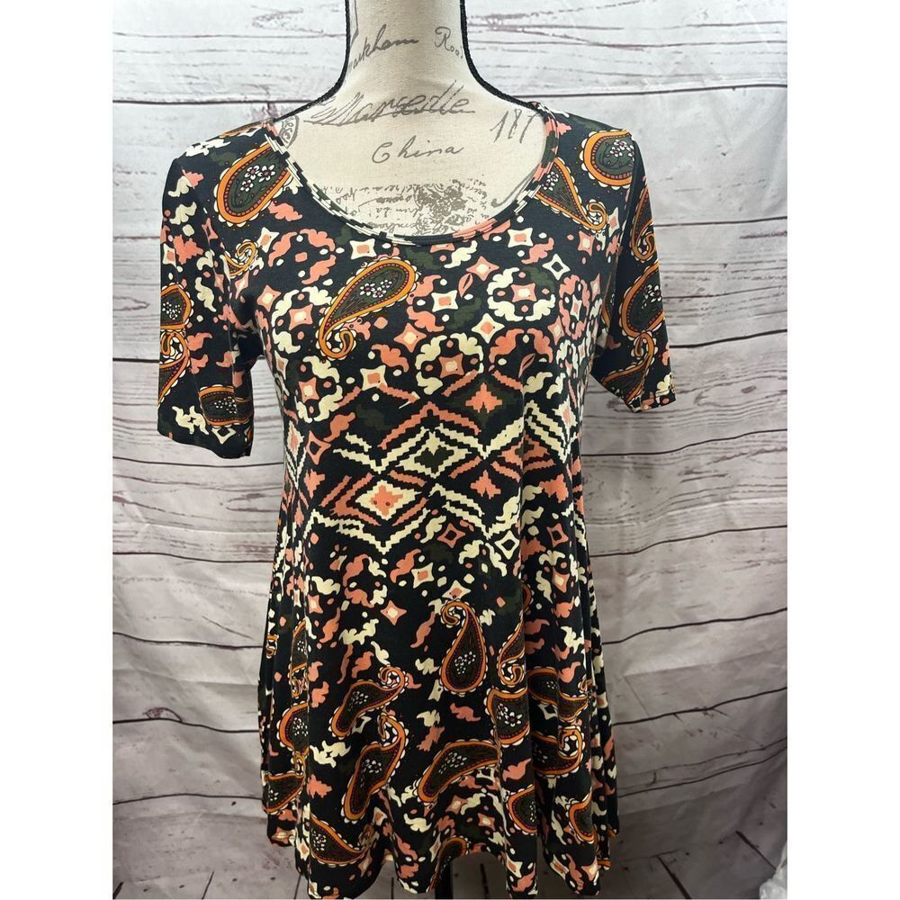 LuLaRoe‎ Short Sleeve Paisley Geometric Tunic Top Black Rust Olive Womens S
